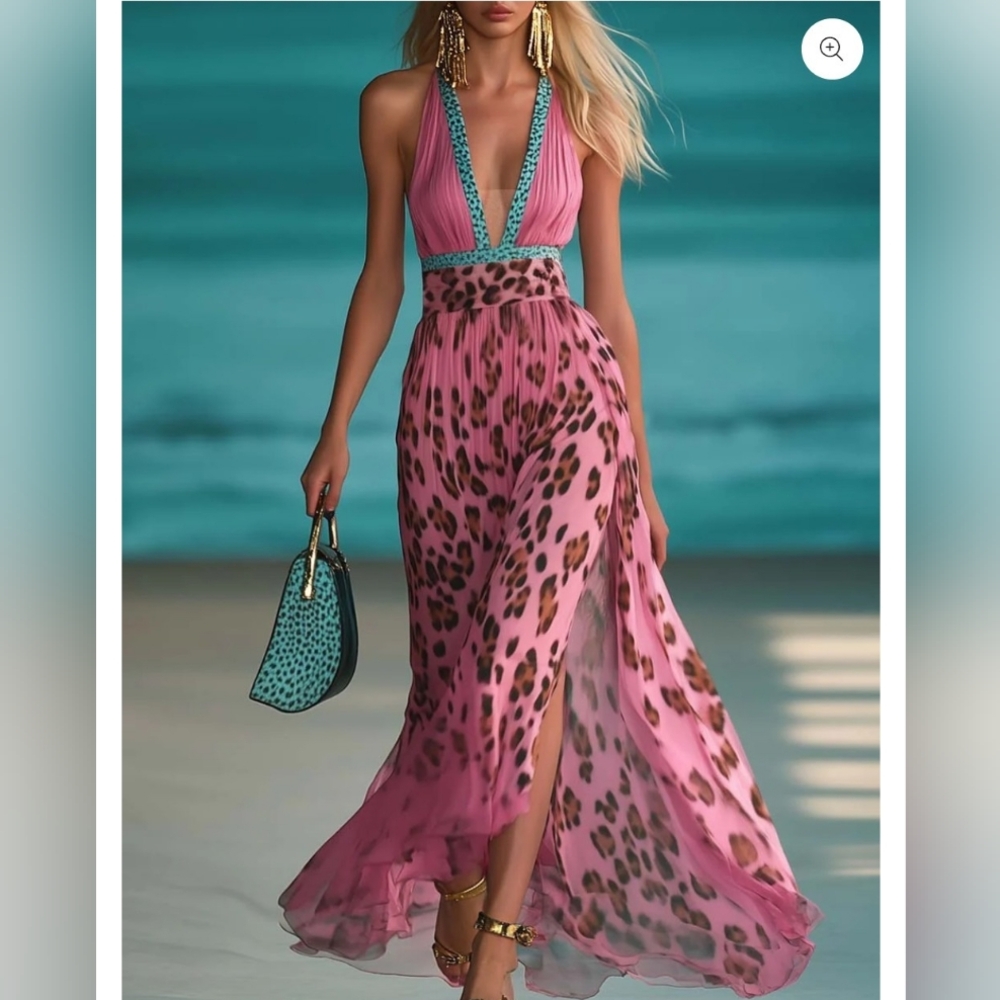 Retro OYROSY Color V-Neck Leopard Print Pink Chiffon Slit Maxi Dress Sz M NWT